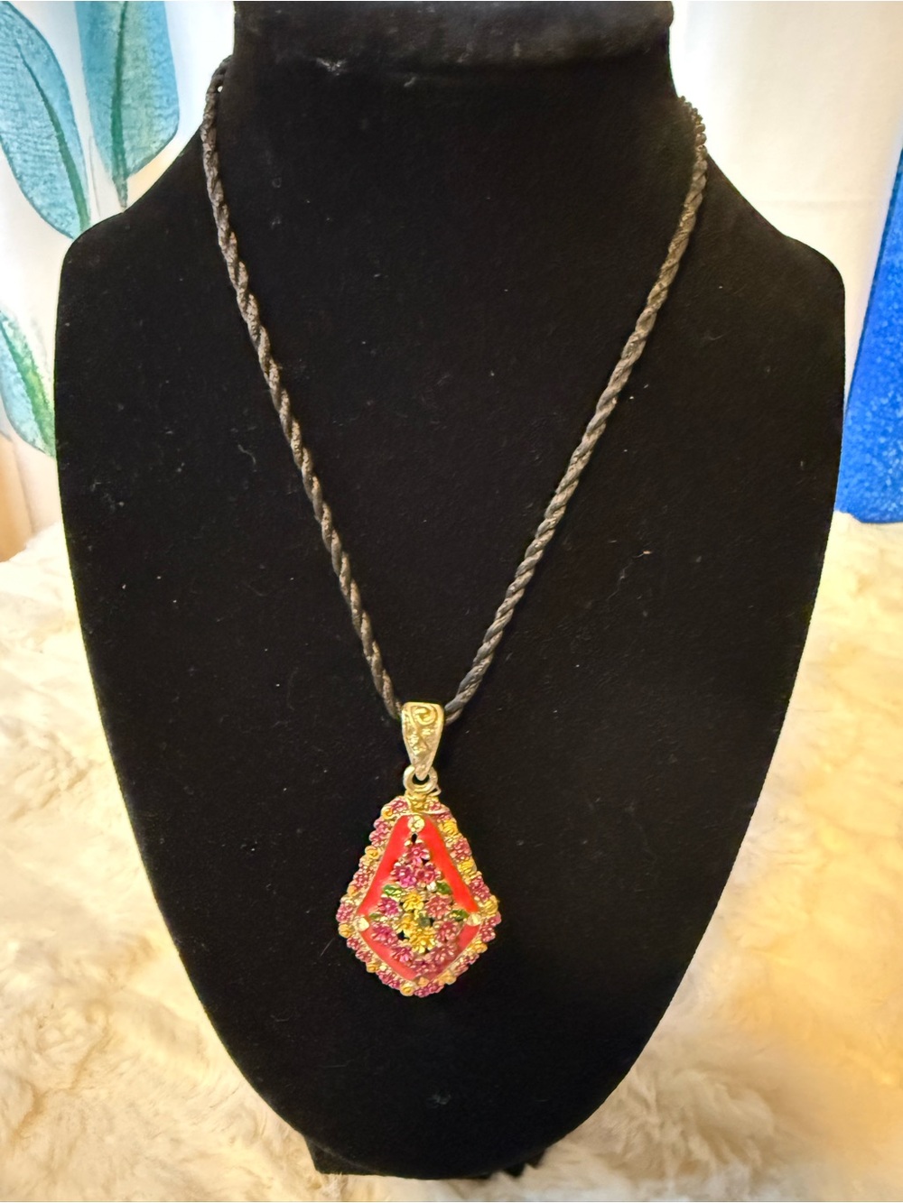 Vintage Ornate Floral Pendant Necklace Red Enamel Rhinestone Black Cord